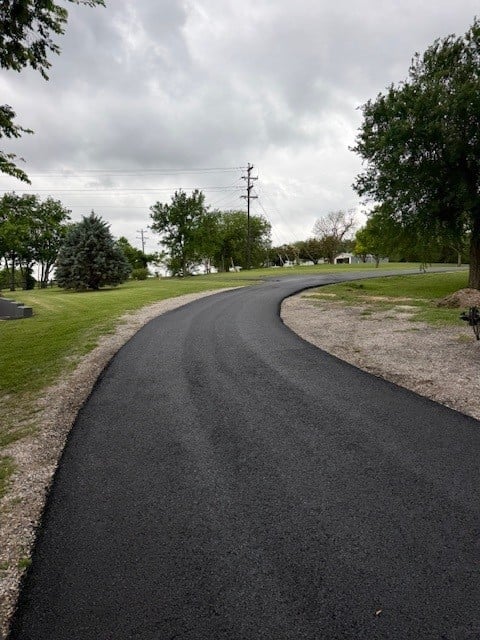 Curved asphalt pathway winding through a grassy park with trees and utility pole under cloudy sky